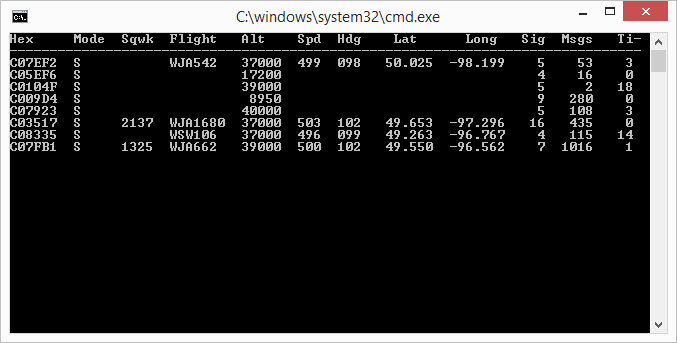 Screenshot do dump1090 a mostrar aviões em tempo real