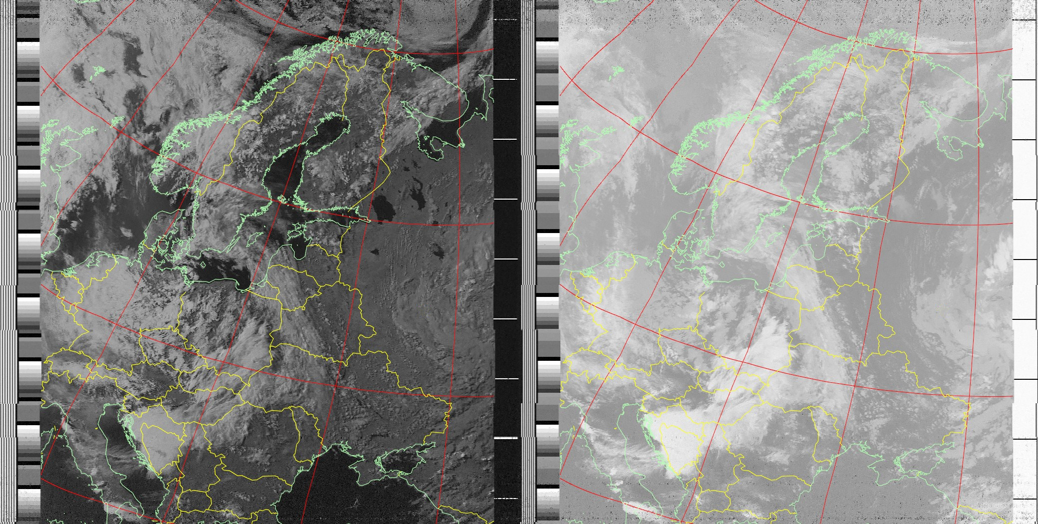 Imagem real recebida do satélite NOAA-15 APT mostrando o Norte da Europa