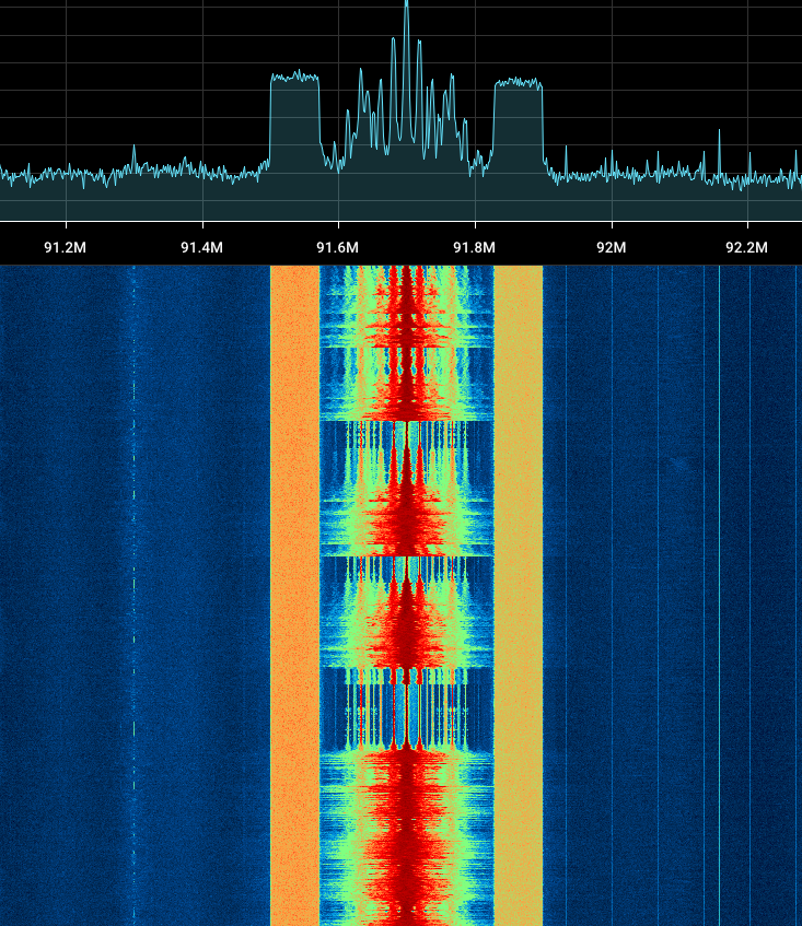 Screenshot do SDR++ a mostrar o espetro de FM com subportadoras