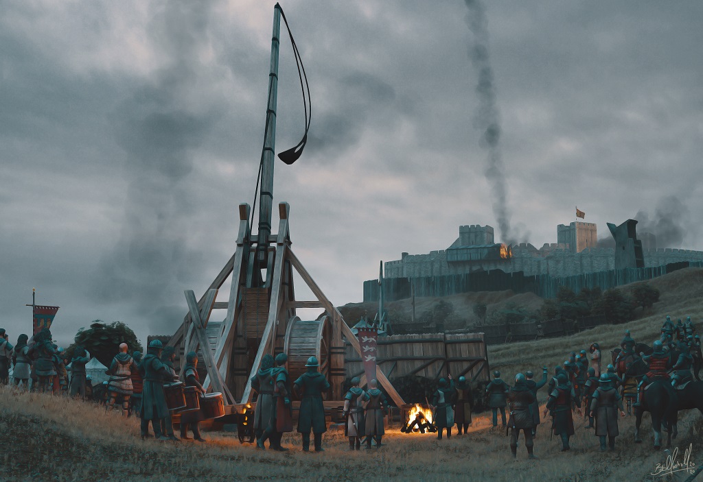 Reconstrução digital moderna do cerco de Stirling Castle em 1304, com um grande trebuchet diante das muralhas e soldados no acampamento