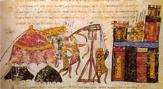 Miniatura bizantina medieval que representa uma máquina de cerco junto de uma cidadela, com homens a operar o mecanismo