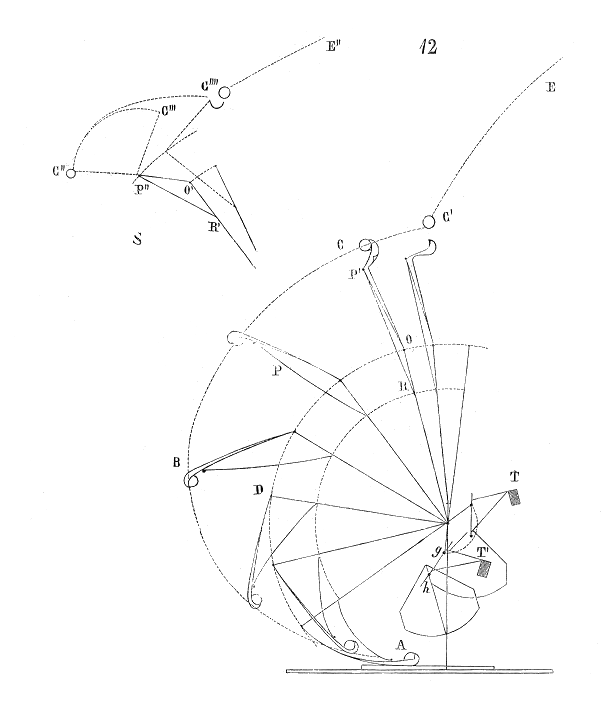Esquema histórico do movimento de um trebuchet, com o braço a rodar e a carga a seguir uma trajetória curva