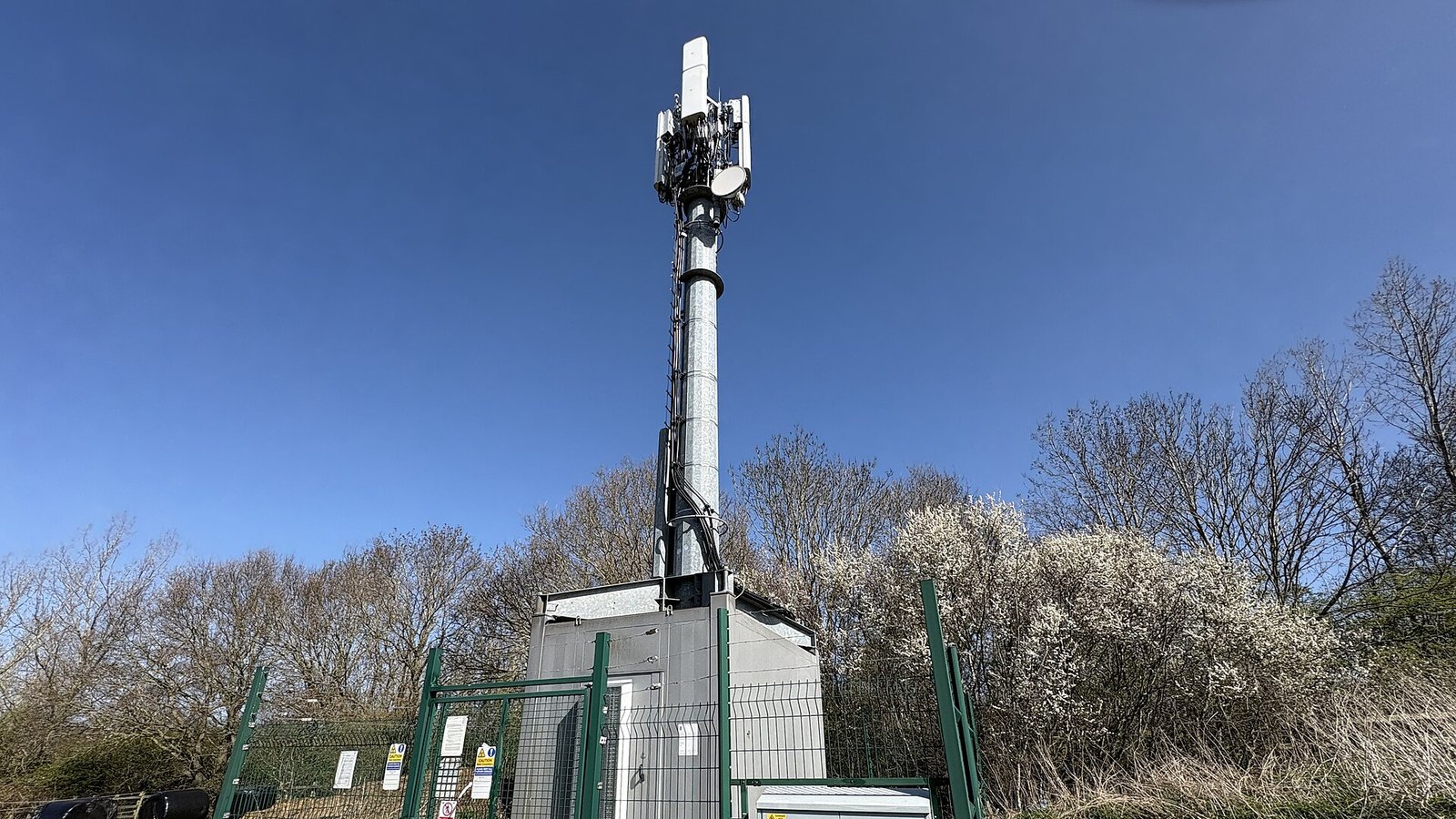 Estação base de rede móvel: mastro com antenas sectoriais e um armário técnico cercado, no meio de vegetação rasteira