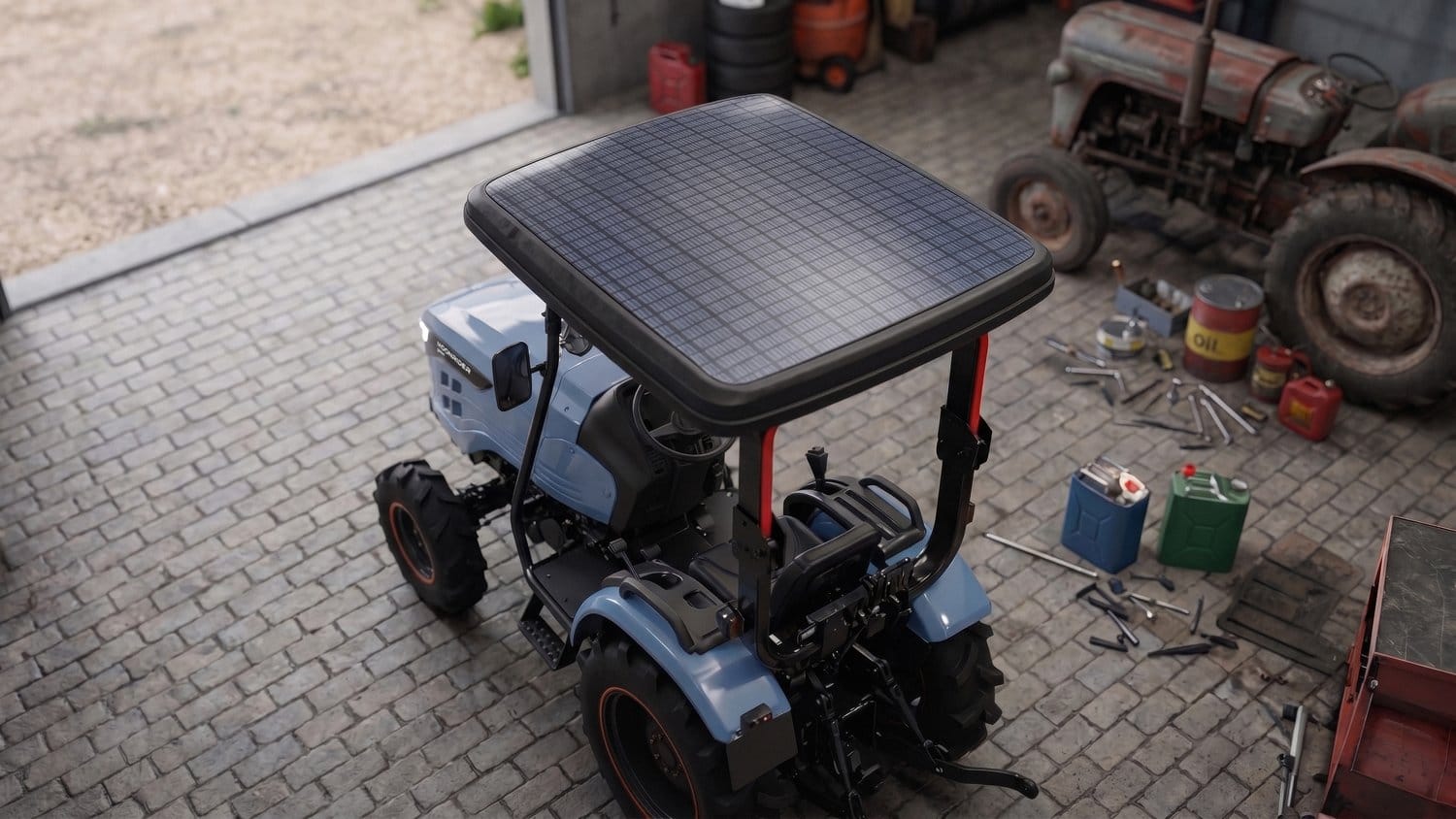 Tractor compacto com capota que aparenta incorporar um painel solar