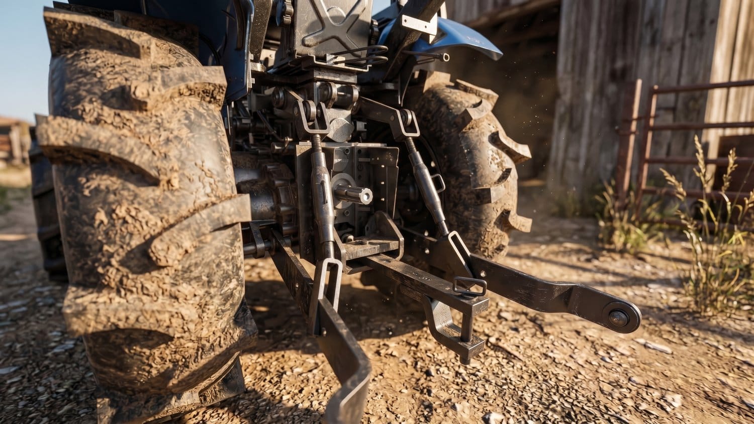 Vista traseira do tractor compacto com o sistema de engate visível