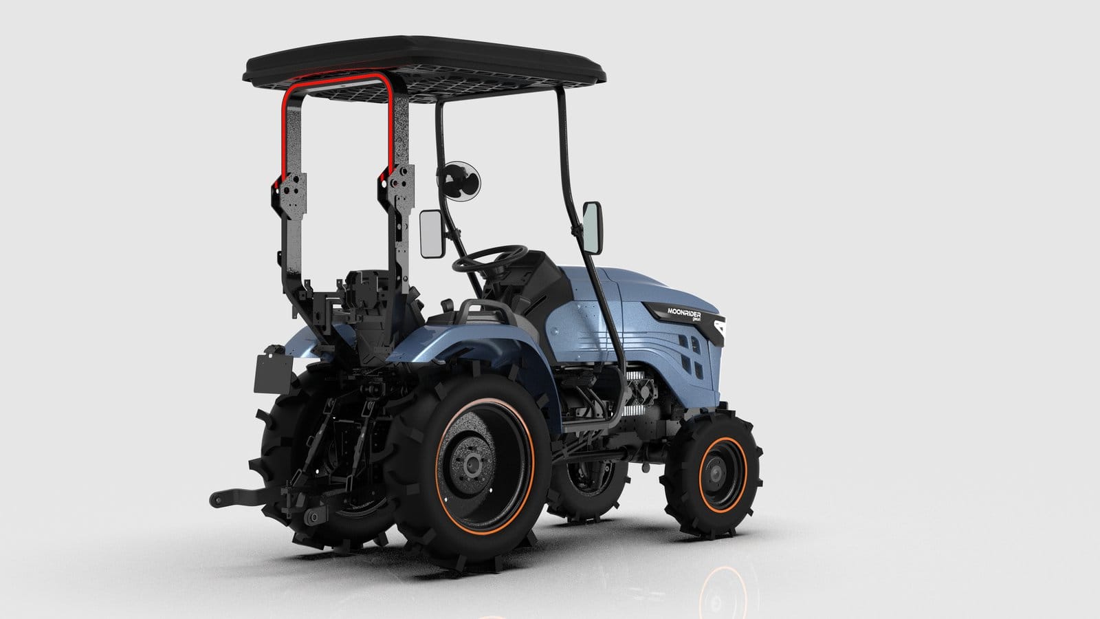 Vista traseira de três quartos do tractor compacto identificado como Moonrider