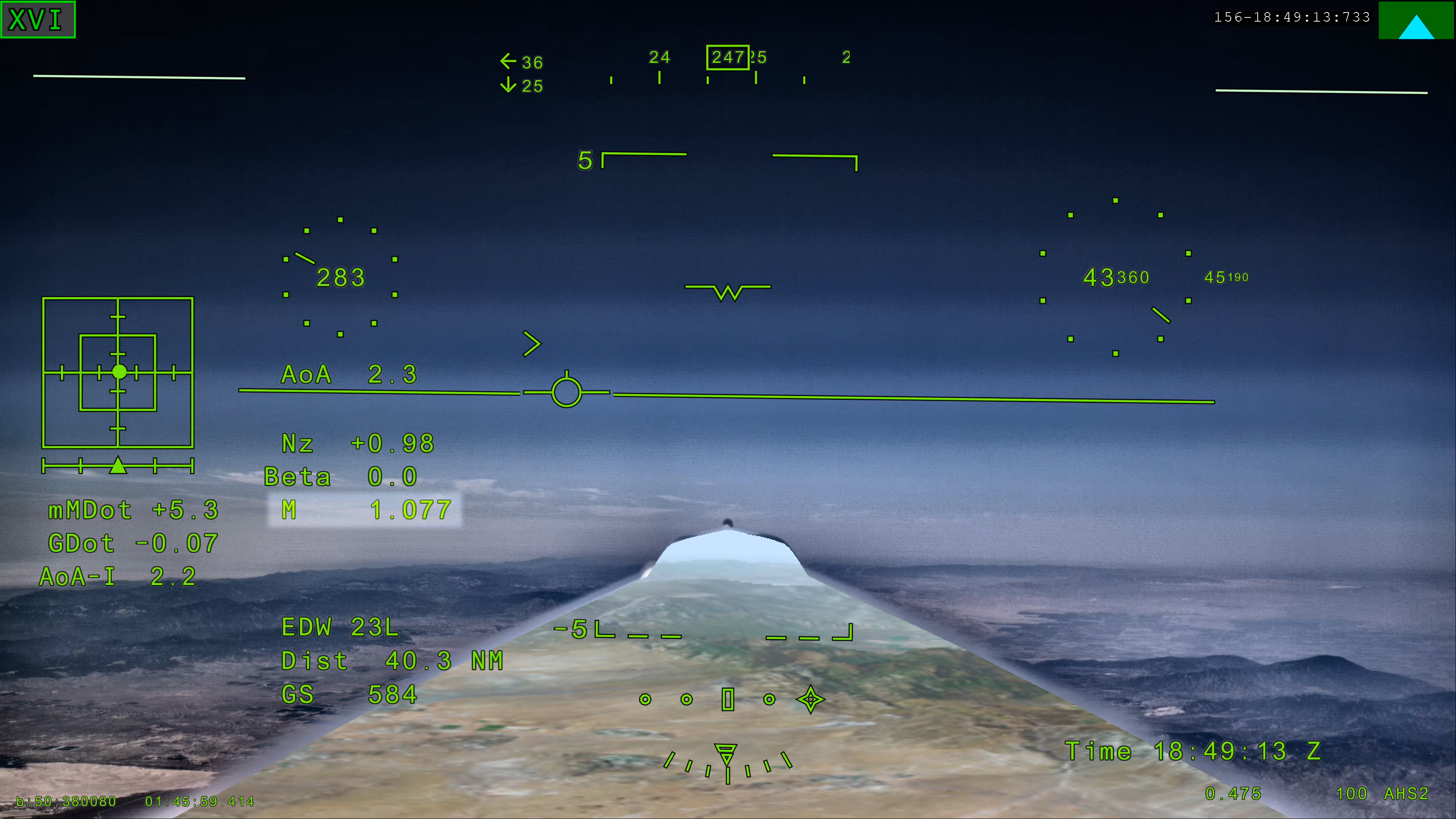 Display do sistema de visão externa do X-59 a mostrar Mach 1.077