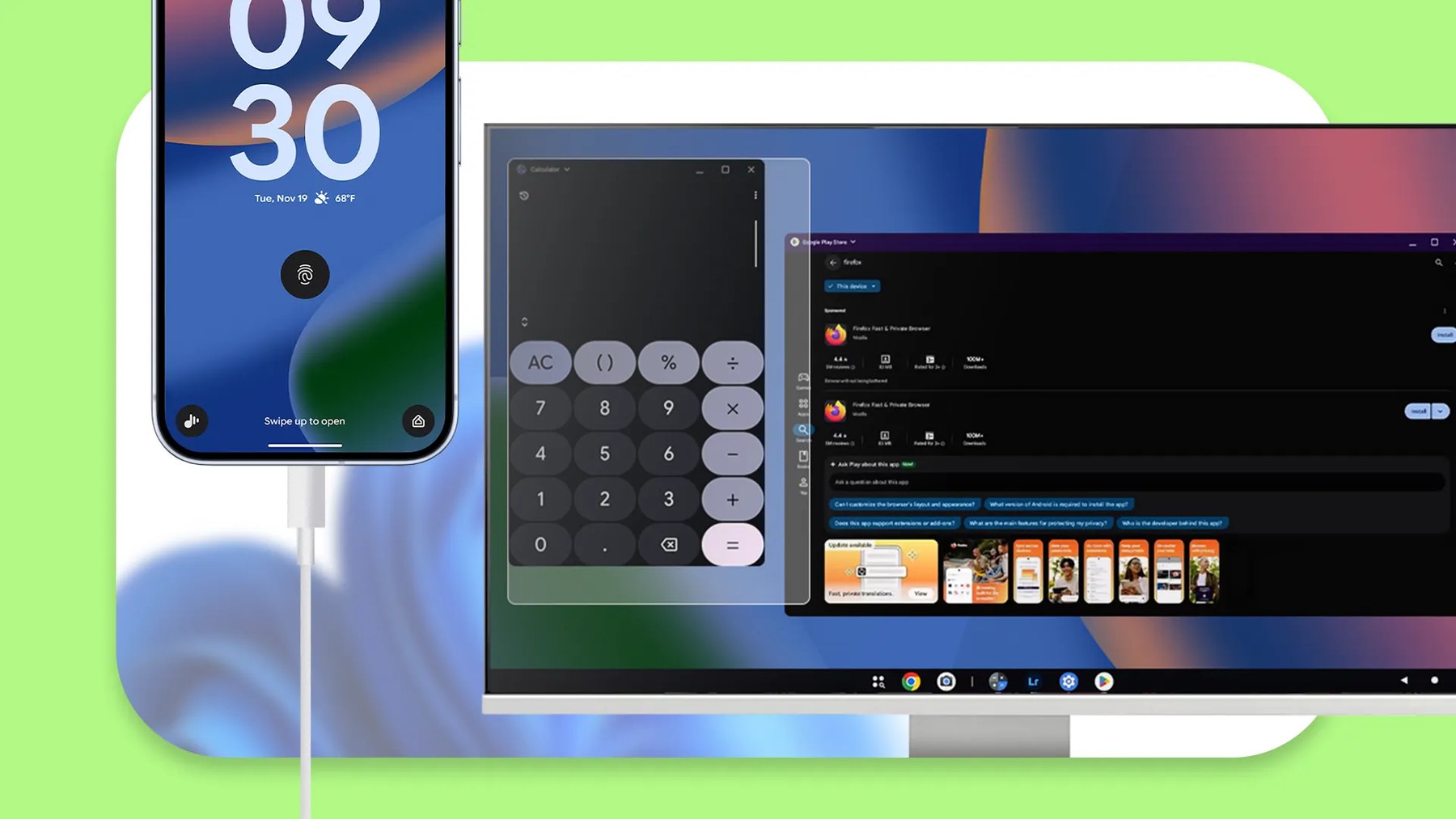 Pixel ligado por USB-C a um monitor a mostrar o Desktop Mode