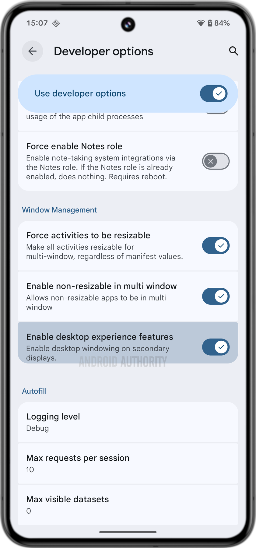 Opções de programador do Android 16 para ativar o Desktop Mode