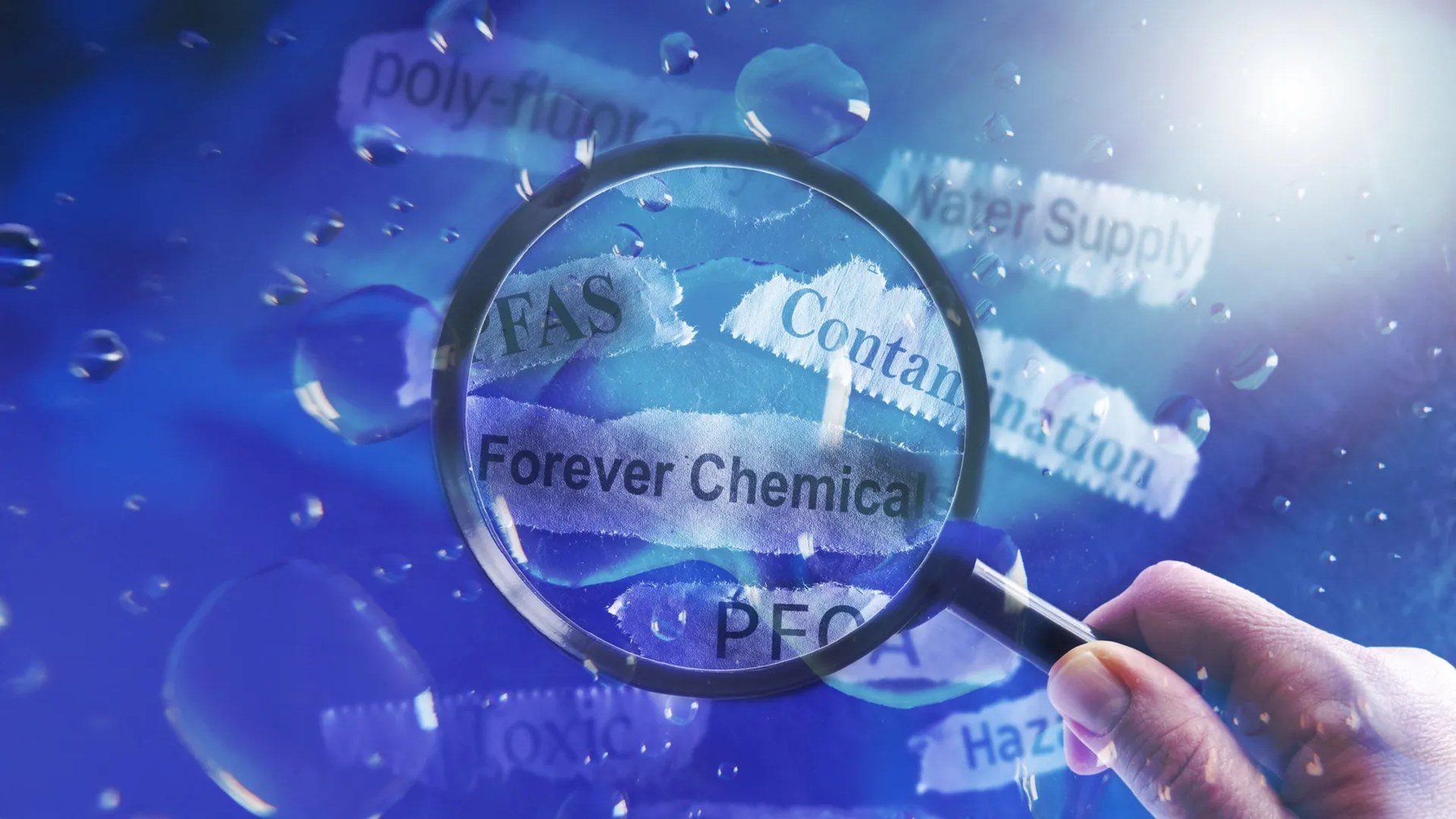 Lupa sobre gotas de água a simbolizar a contaminação por PFAS, os «químicos eternos»